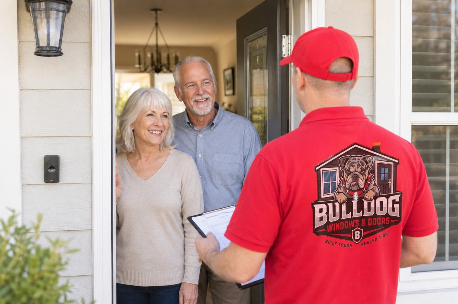 A Bulldog Windows & Doors rep greeting a homeowner for a free estimate